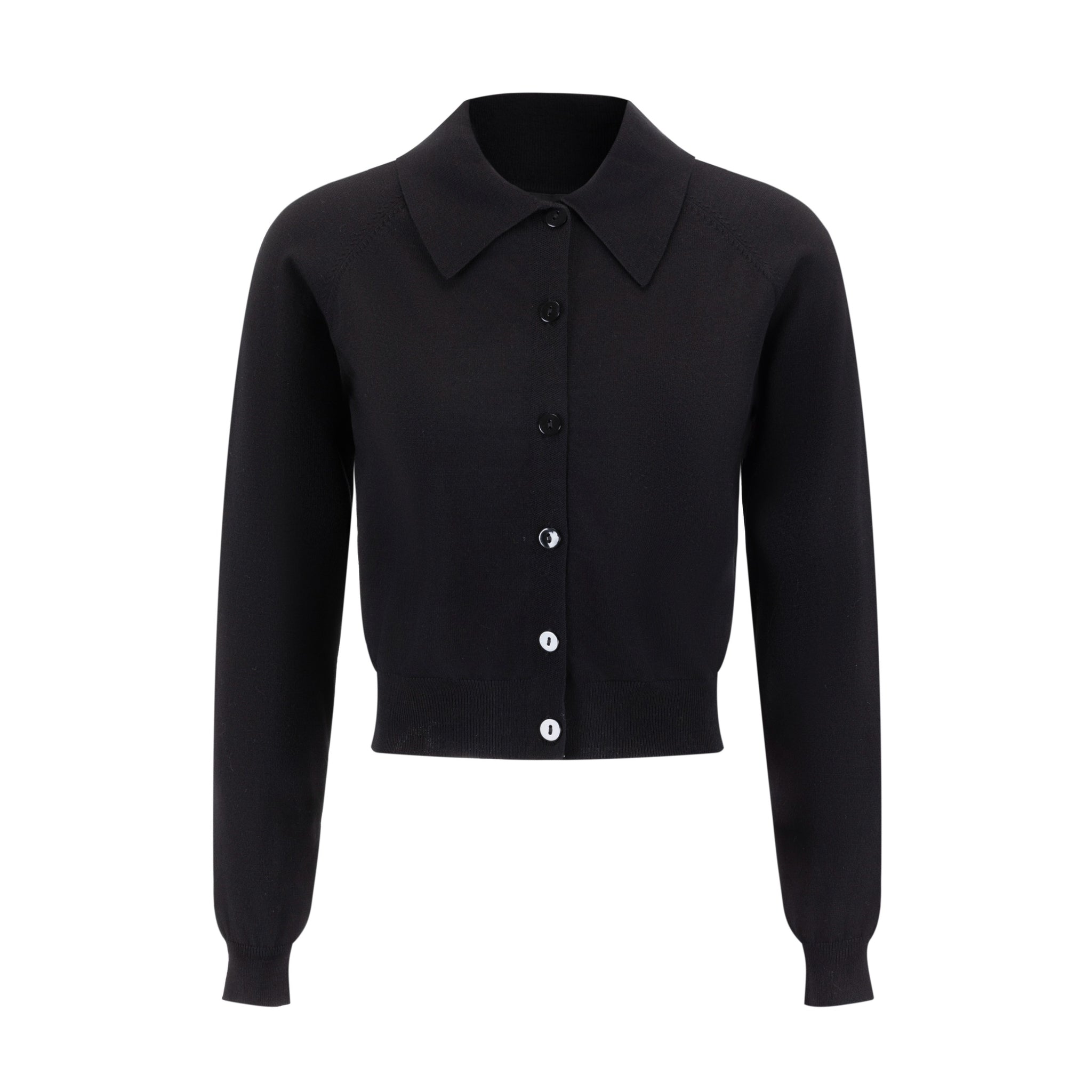 Knit Cardigan With Collar And Flower Buttons - Black