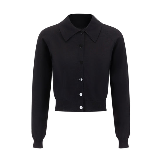 Knit Cardigan With Collar And Flower Buttons - Black