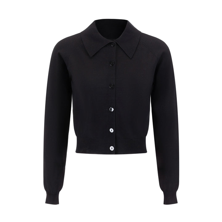 Knit Cardigan With Collar And Flower Buttons - Black