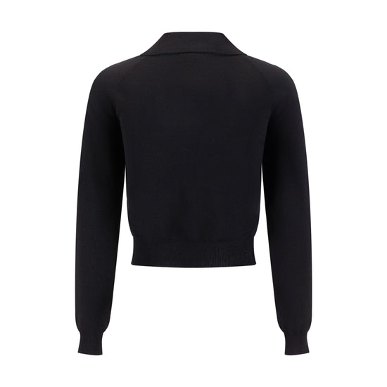 Knit Cardigan With Collar And Flower Buttons - Black
