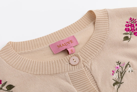 Knit Cardigan With Raspberry Floral Clusters - Mauve
