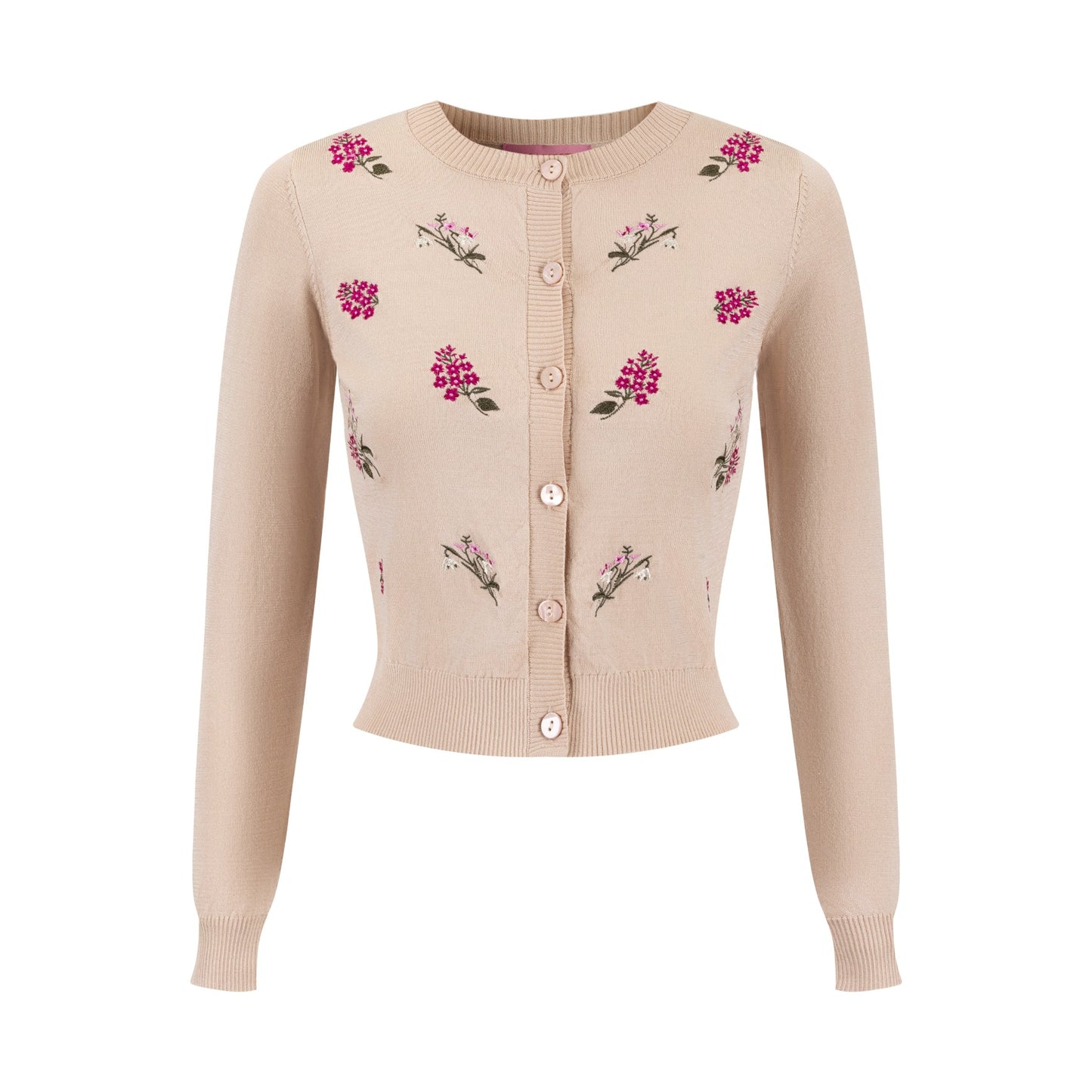 Knit Cardigan With Raspberry Floral Clusters - Mauve
