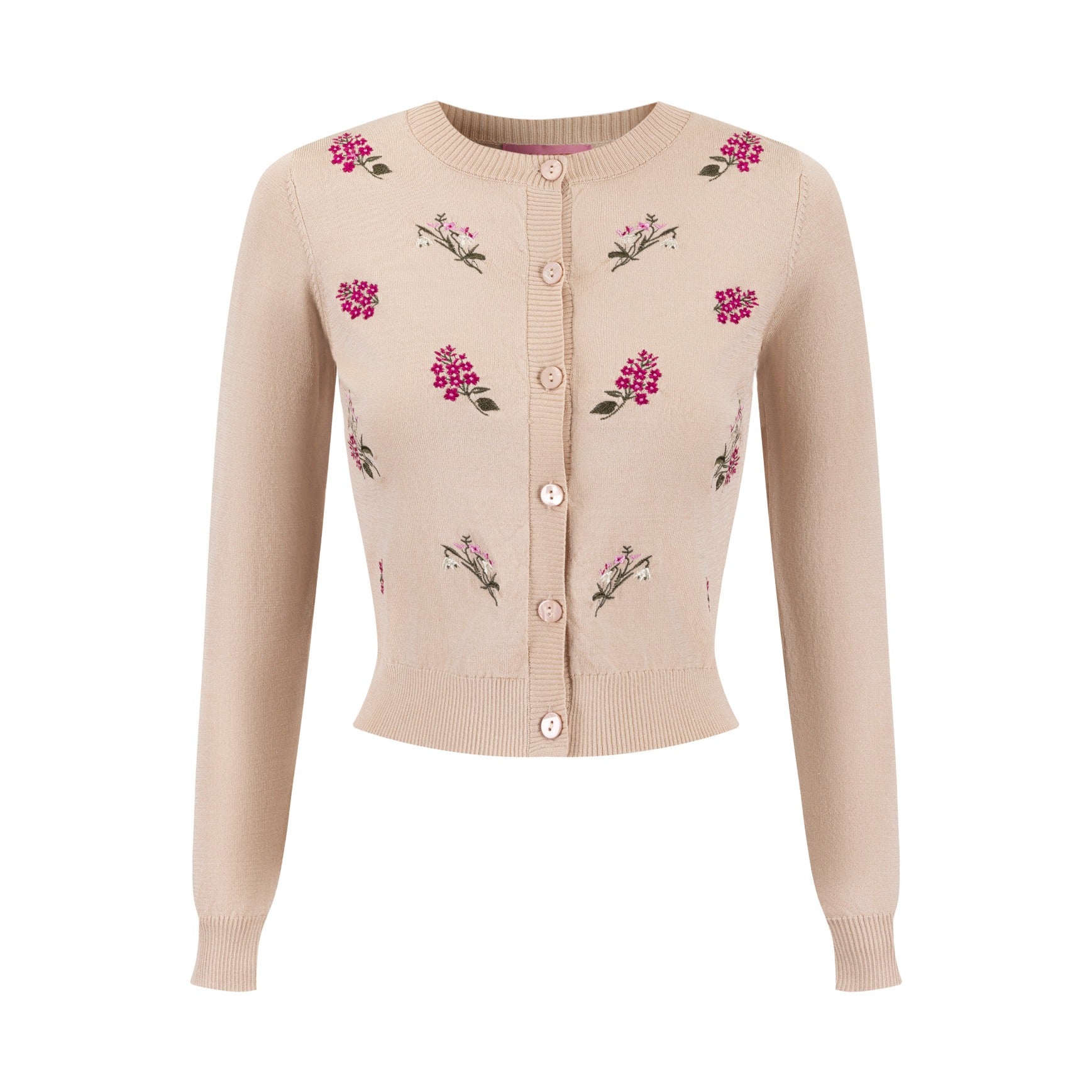 Knit Cardigan With Raspberry Floral Clusters - Mauve