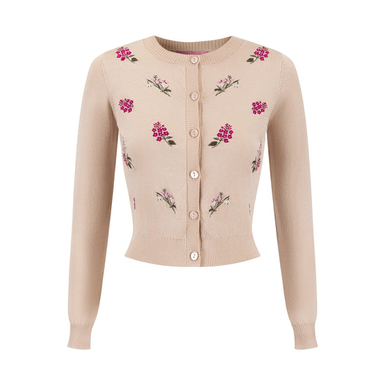 Knit Cardigan With Raspberry Floral Clusters - Mauve