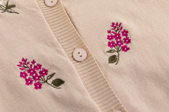 Knit Cardigan With Raspberry Floral Clusters - Mauve