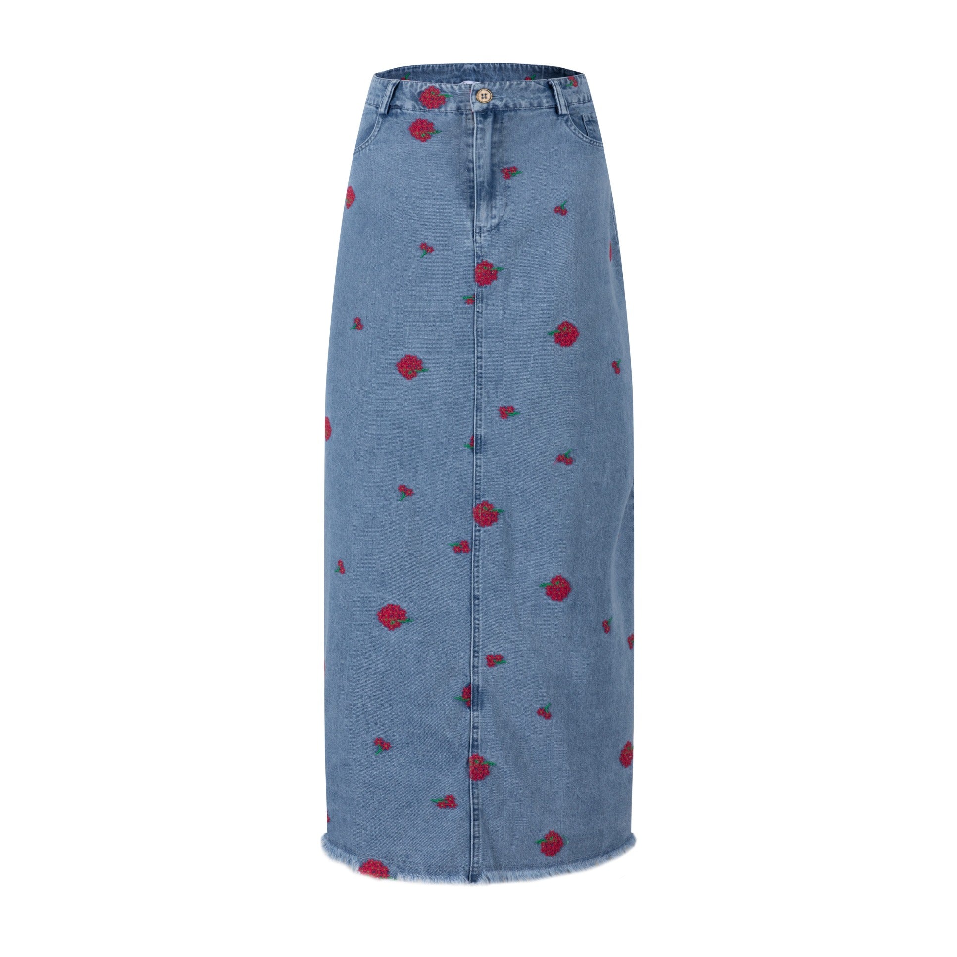 Red Flowers Embroidered Denim Skirt - Light Blue