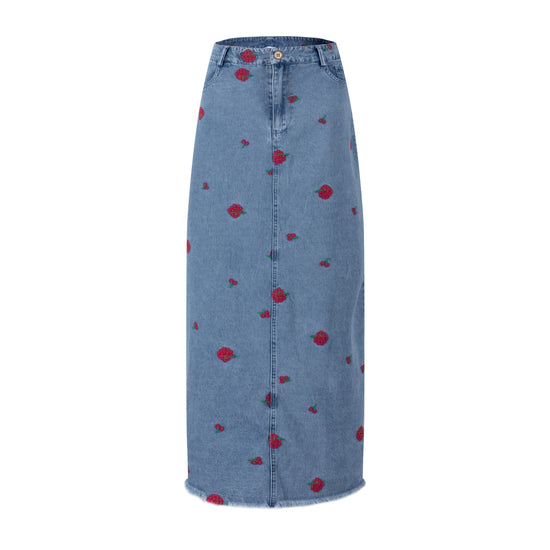Red Flowers Embroidered Denim Skirt - Light Blue