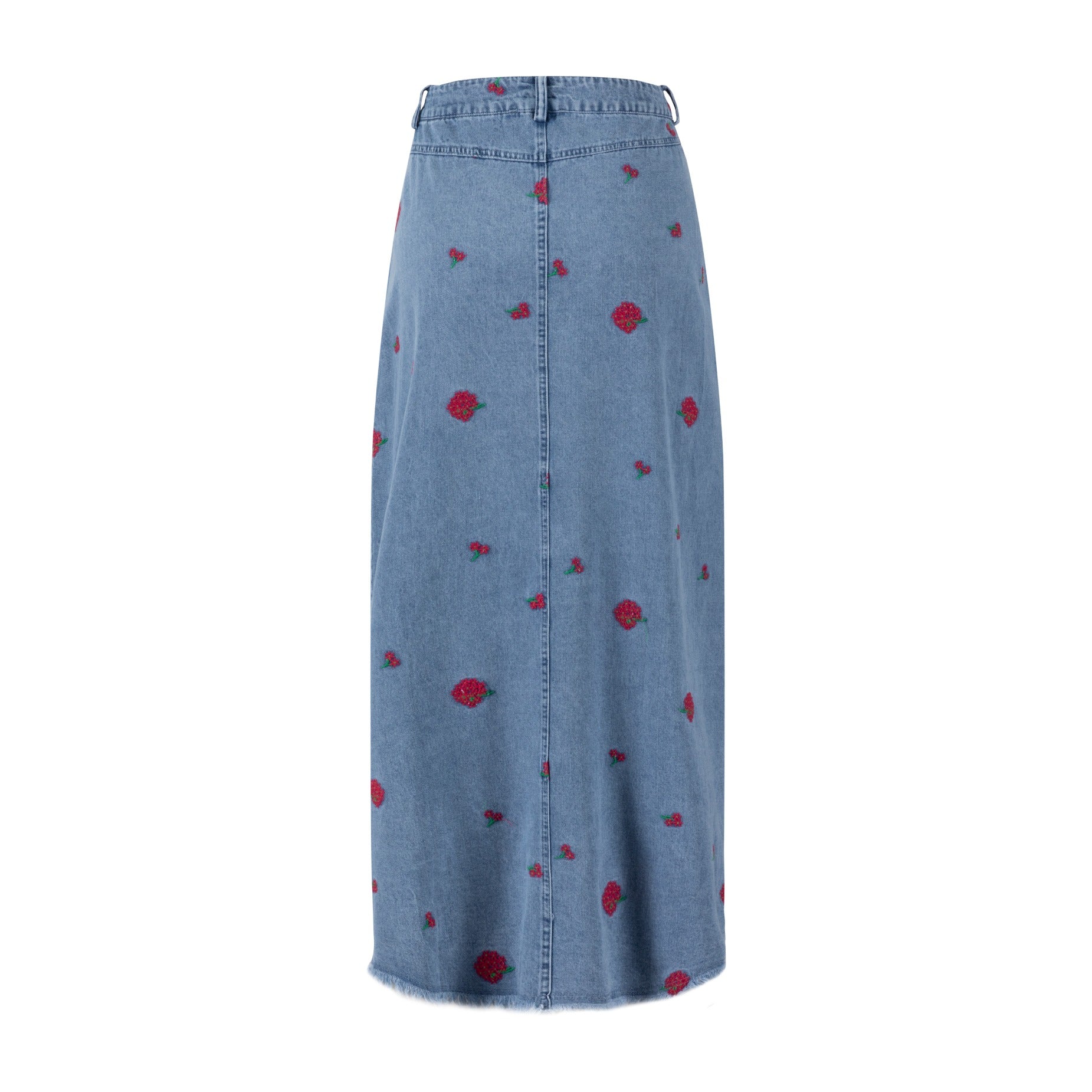 Red Flowers Embroidered Denim Skirt - Light Blue