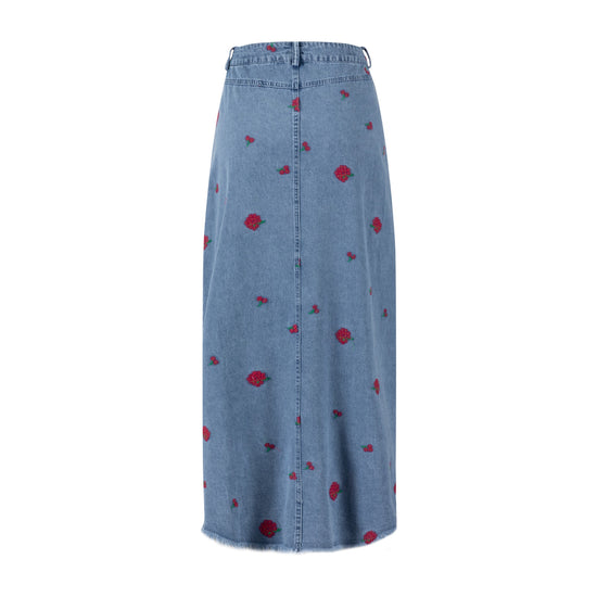 Red Flowers Embroidered Denim Skirt - Light Blue