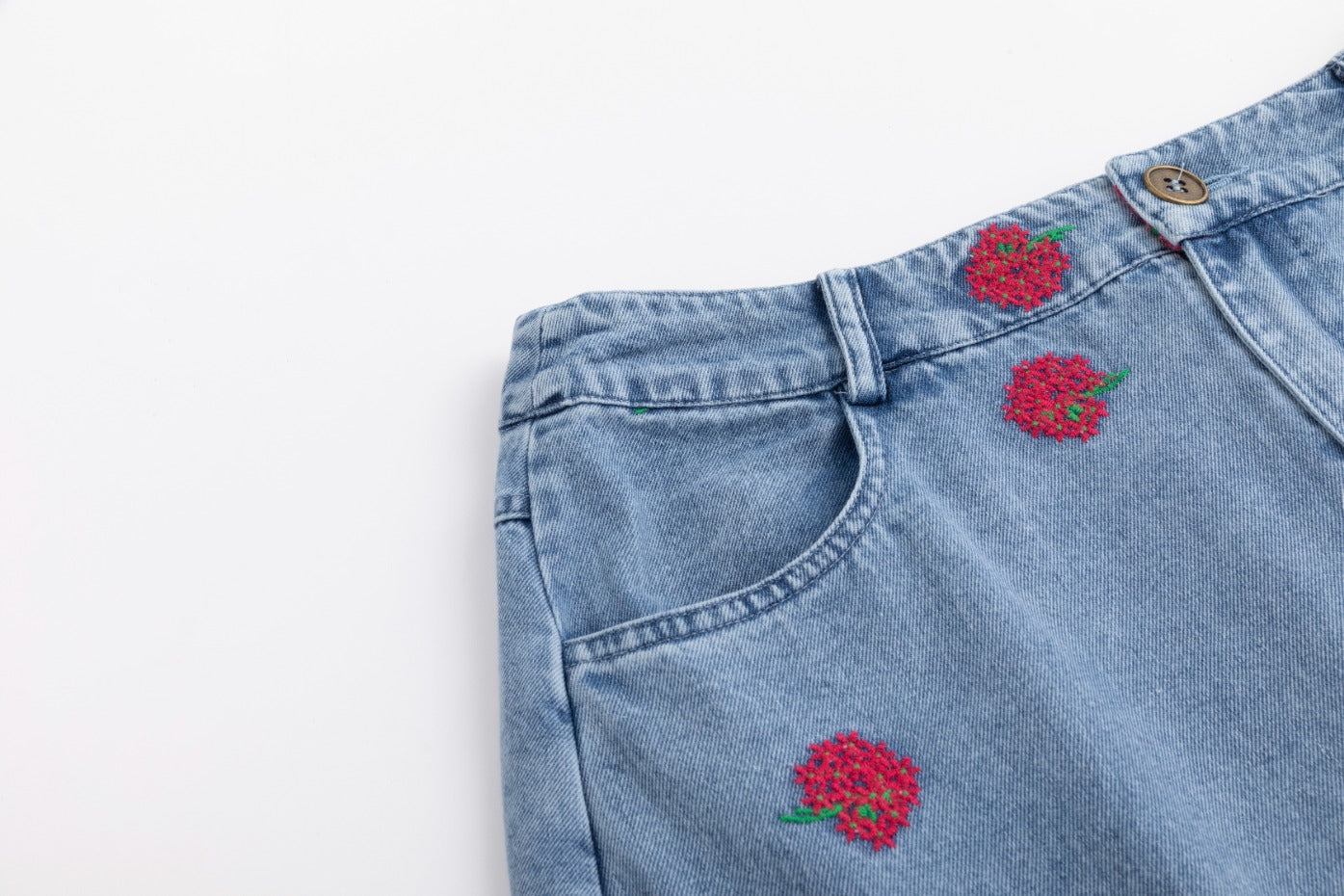 Red Flowers Embroidered Denim Skirt - Light Blue