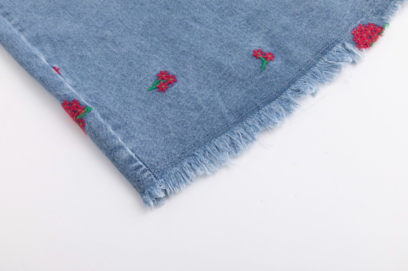 Red Flowers Embroidered Denim Skirt - Light Blue