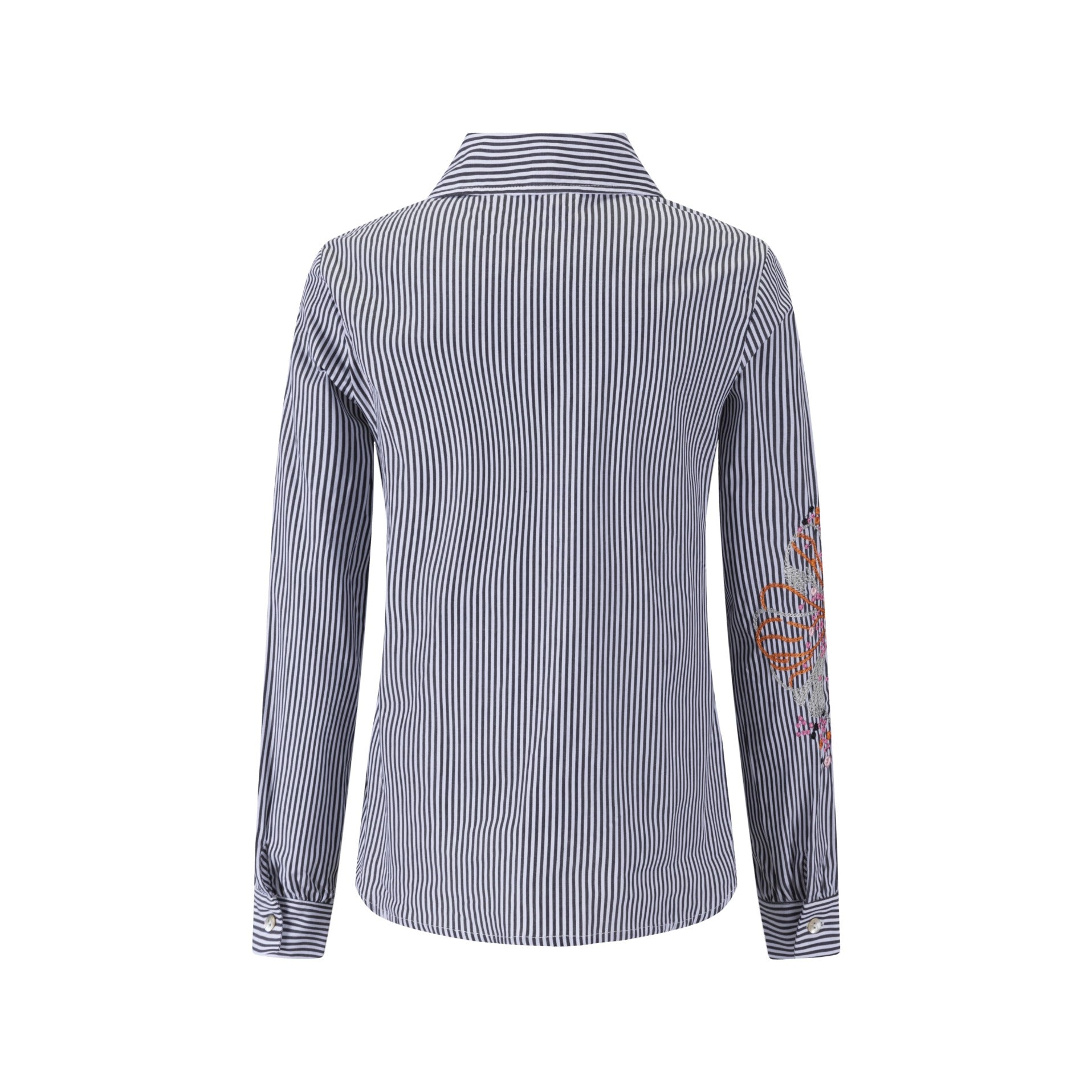 Black Stripes Shirt With Big Orange Flower Embroidery