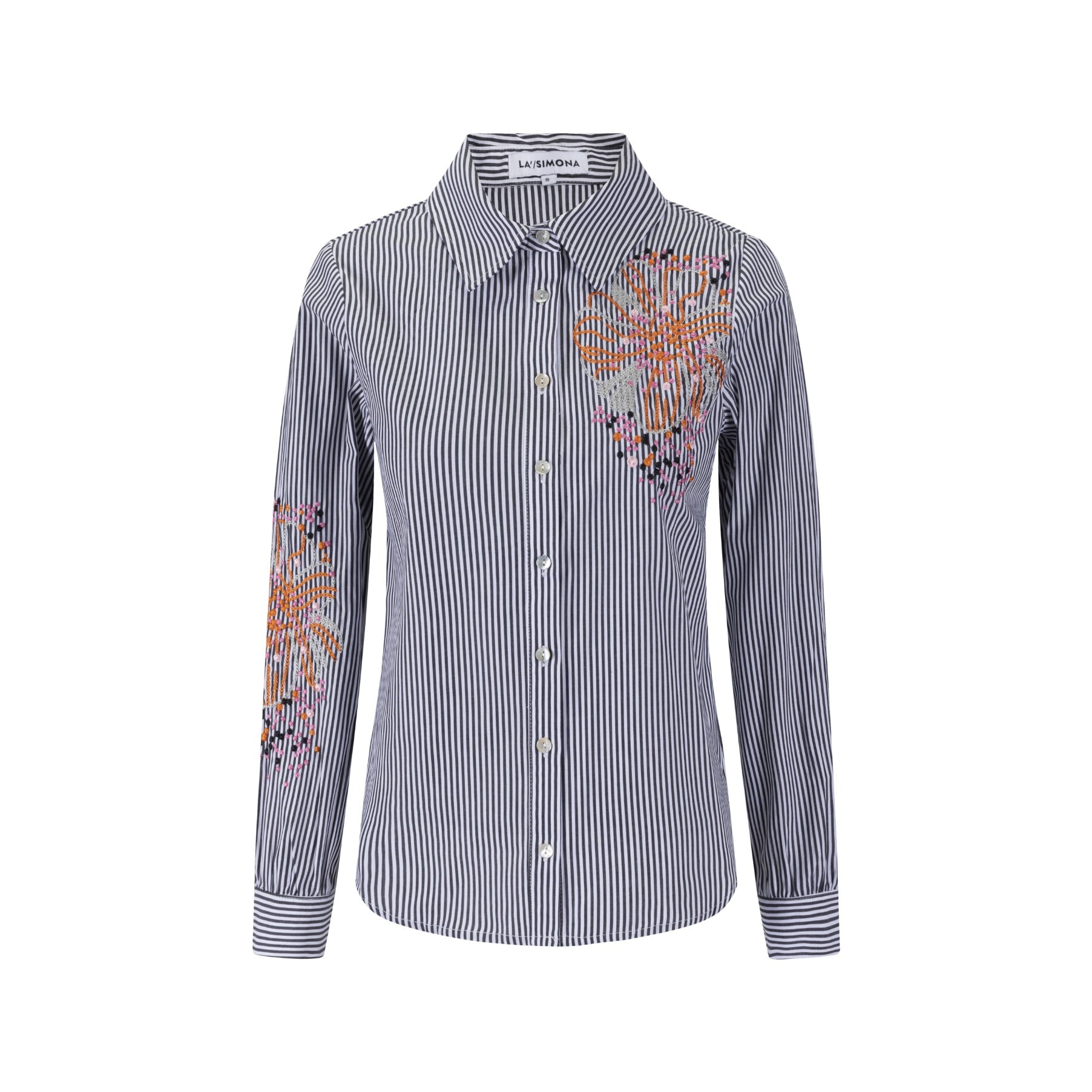 Black Stripes Shirt With Big Orange Flower Embroidery