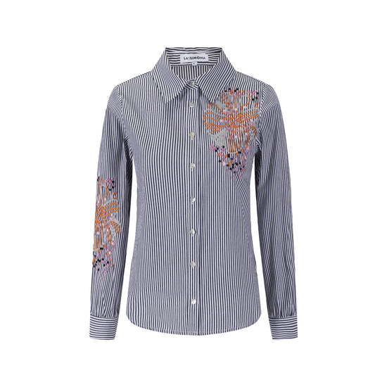 Black Stripes Shirt With Big Orange Flower Embroidery