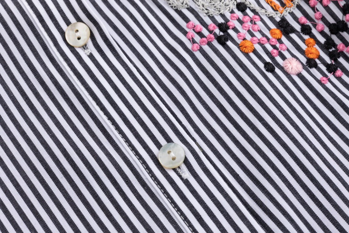 Black Stripes Shirt With Big Orange Flower Embroidery