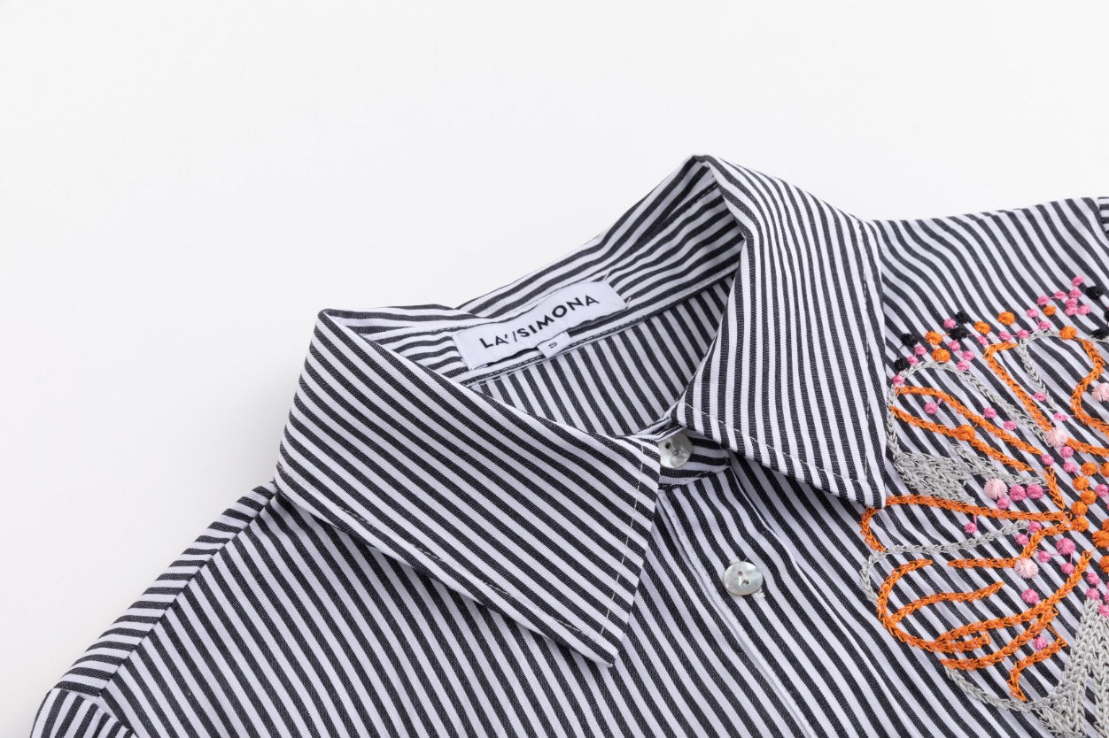 Black Stripes Shirt With Big Orange Flower Embroidery