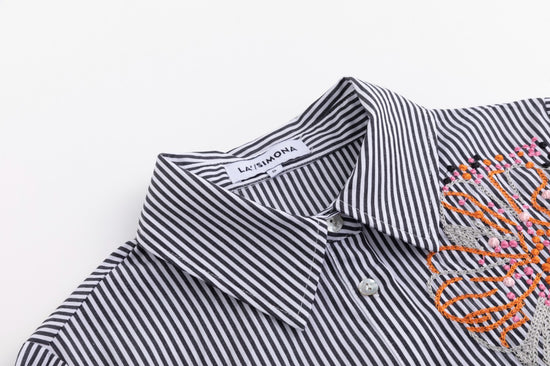 Black Stripes Shirt With Big Orange Flower Embroidery