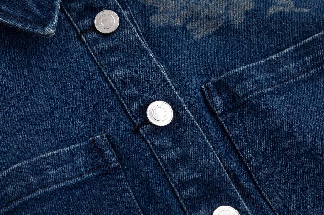 Acid Washed Flower Print Denim Top - Blue