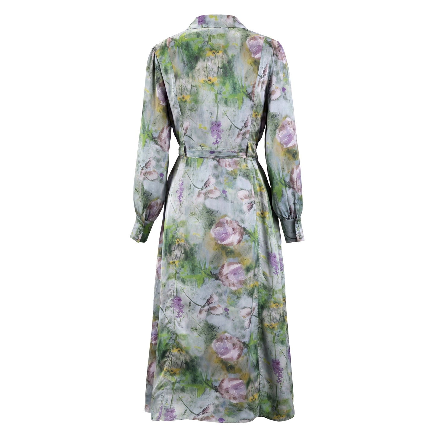 Grey Floral Satin Dress With Belt