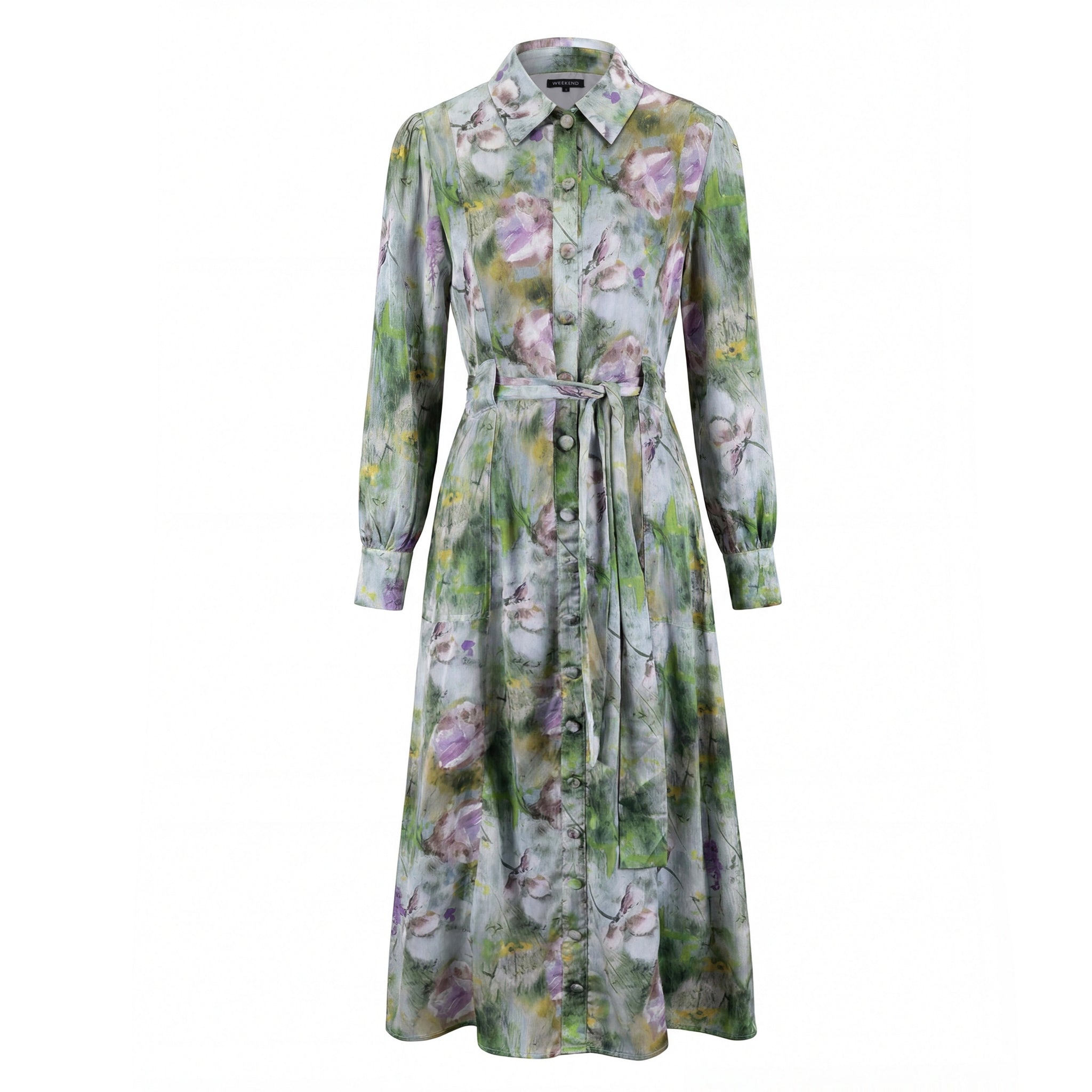 Grey Floral Satin Dress With Belt