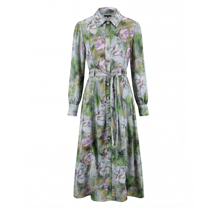 Grey Floral Satin Dress With Belt