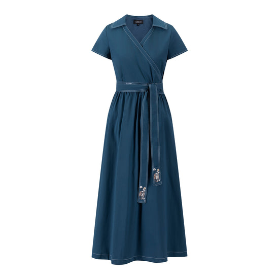 Cotton Jumper with Embroidered Belt - Blue