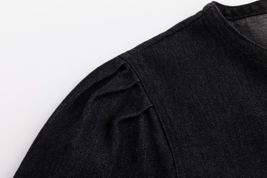 Lantern 3/4 Sleeve Denim Dress - Black
