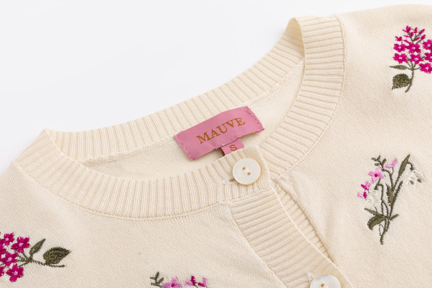 Knit Cardigan With Raspberry Floral Clusters - Ivory