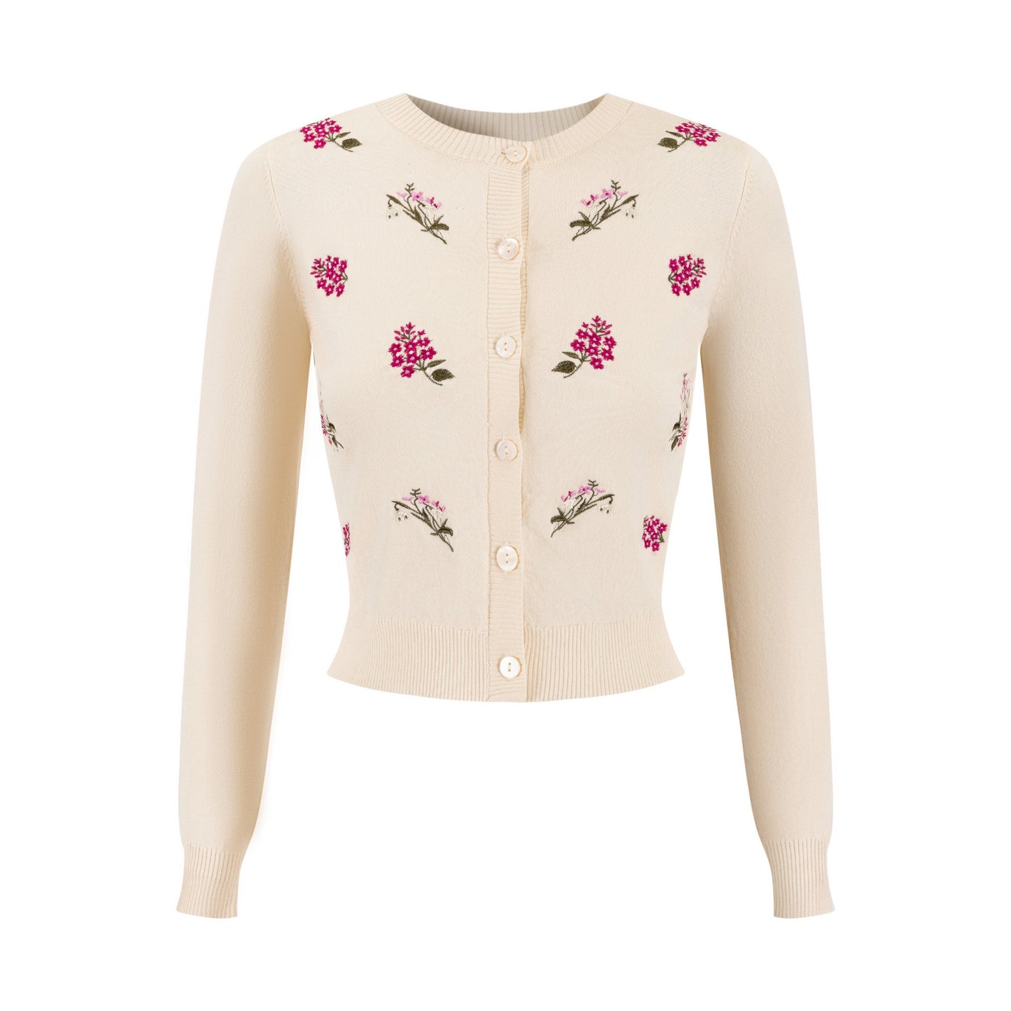 Knit Cardigan With Raspberry Floral Clusters - Ivory