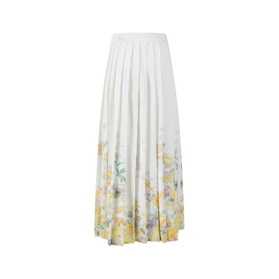 Ivory Pleated Floral Print Skirt - Yellow