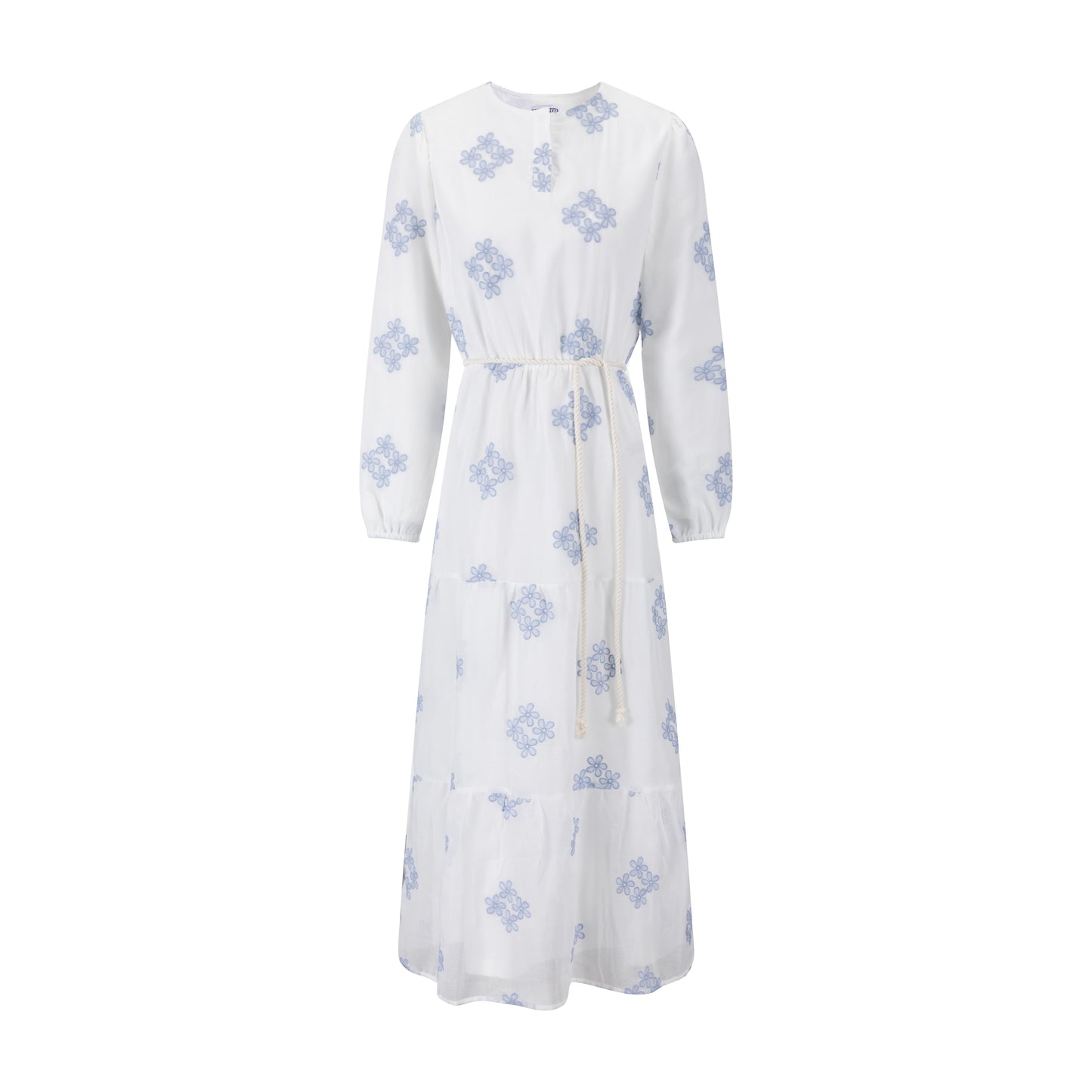 Ivory Dress With Blue Floral Embroidery
