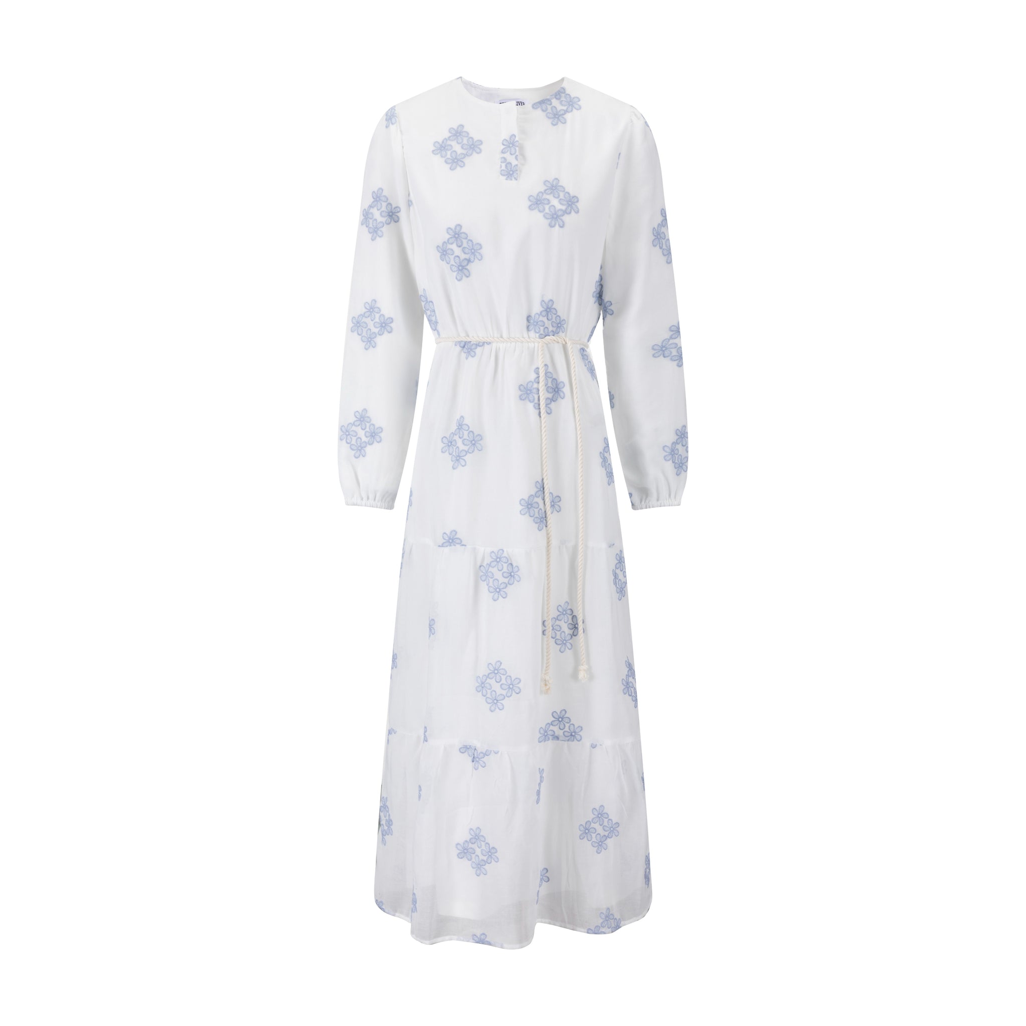 Ivory Dress With Blue Floral Embroidery