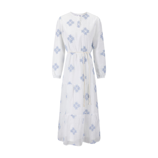 Ivory Dress With Blue Floral Embroidery