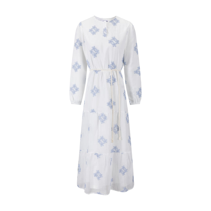 Ivory Dress With Blue Floral Embroidery