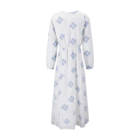 Ivory Dress With Blue Floral Embroidery