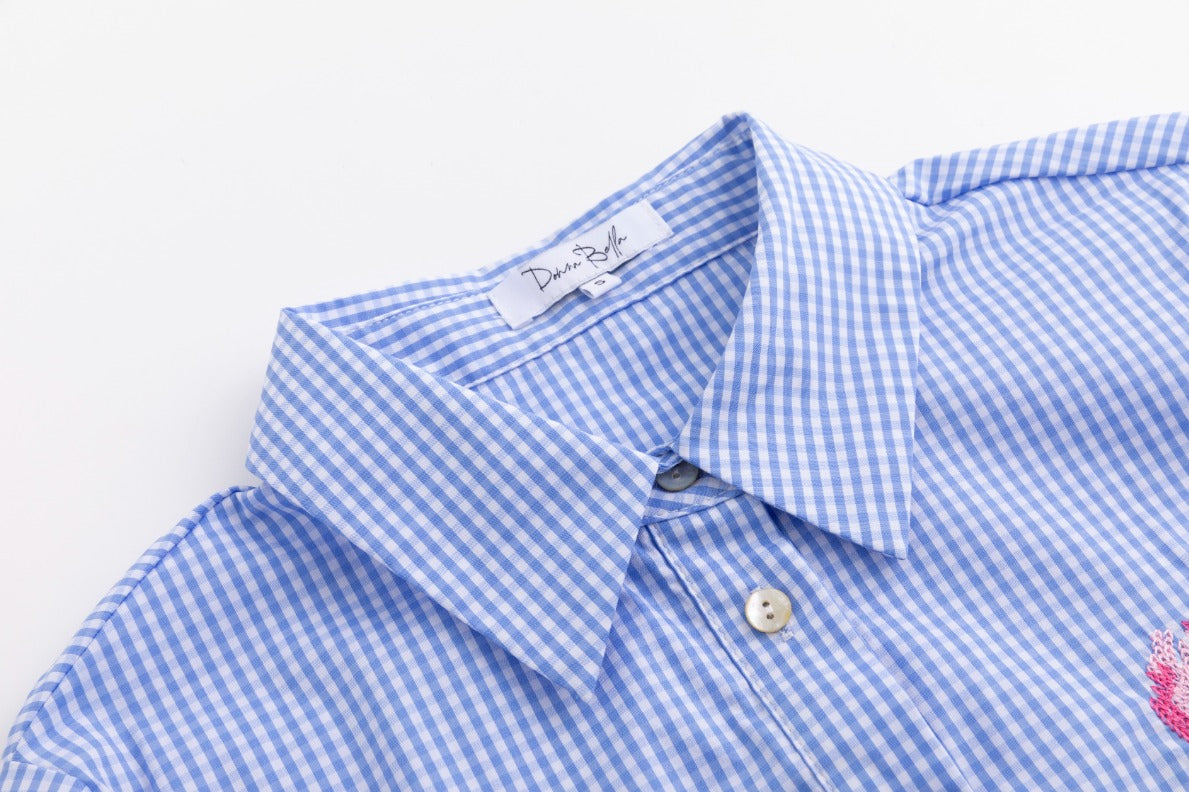 Embroidered Pocket Blue Mini Checkered Shirt