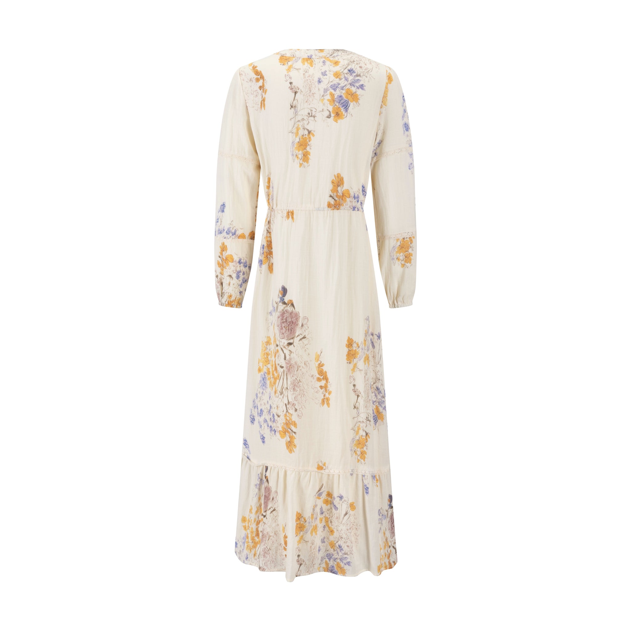 Ivory Base Floral Dress With Lace Trim Sleeves