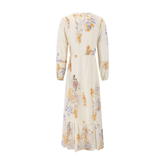 Ivory Base Floral Dress With Lace Trim Sleeves
