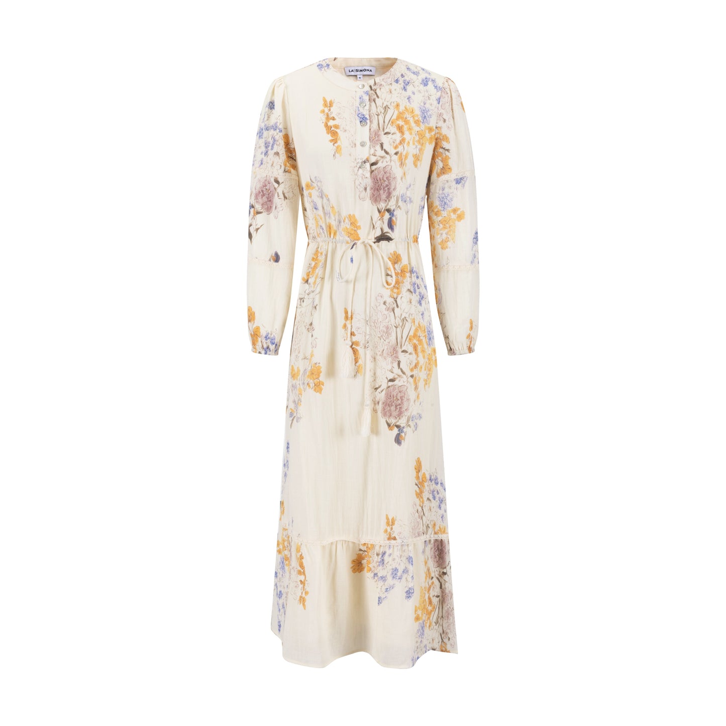 Ivory Base Floral Dress With Lace Trim Sleeves