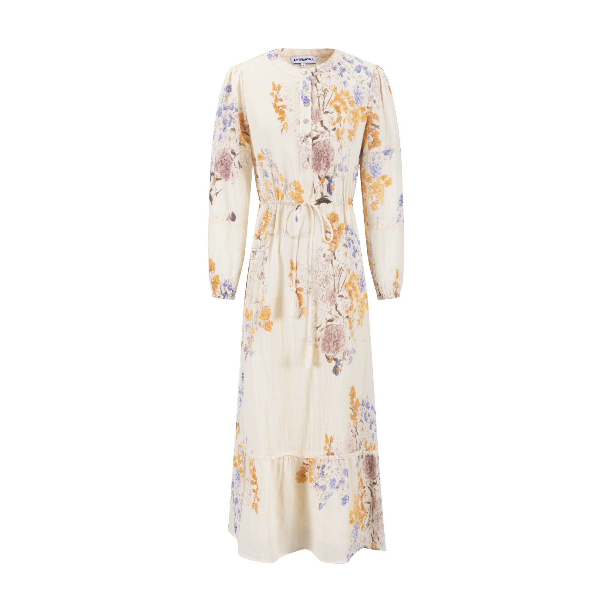 Ivory Base Floral Dress With Lace Trim Sleeves
