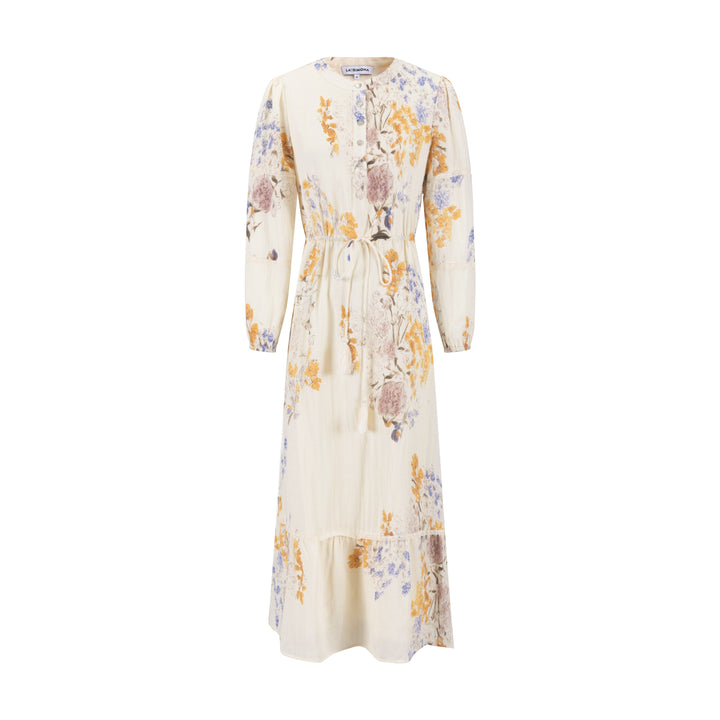 Ivory Base Floral Dress With Lace Trim Sleeves