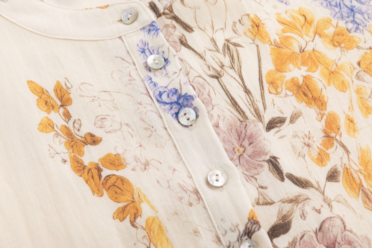 Ivory Base Floral Dress With Lace Trim Sleeves