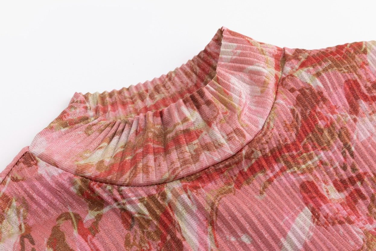 Red And Pink Print Accordion Dress