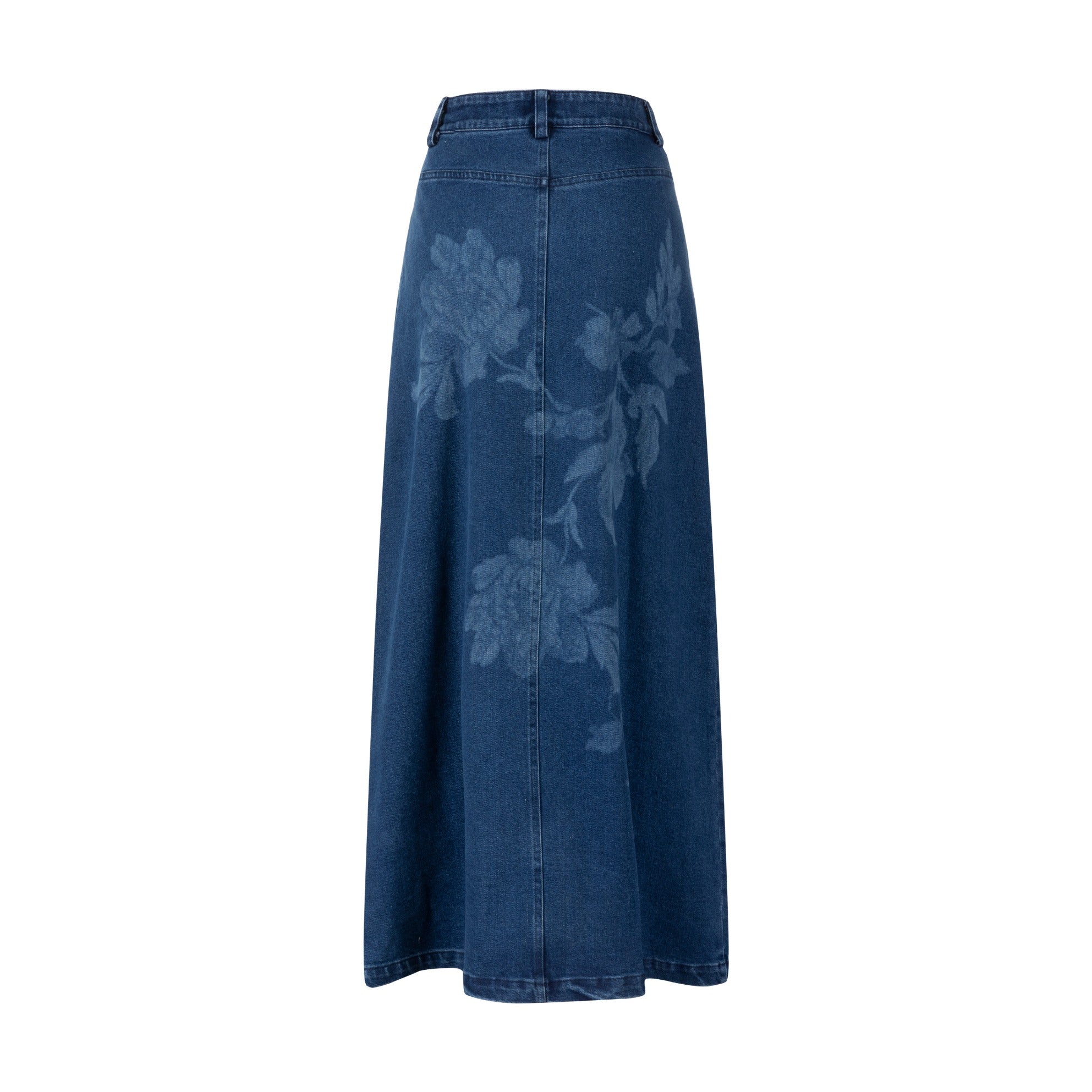 Acid Washed Flower Print Denim Skirt - Blue