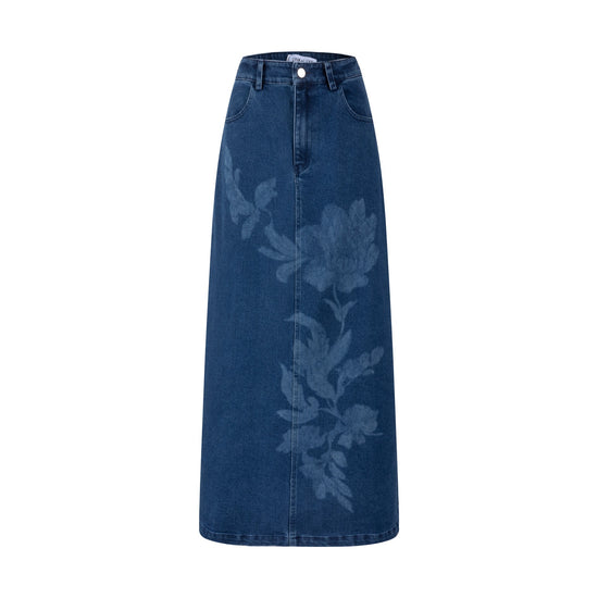 Acid Washed Flower Print Denim Skirt - Blue