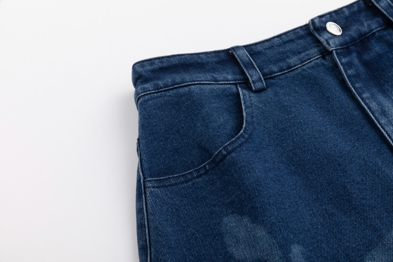 Acid Washed Flower Print Denim Skirt - Blue