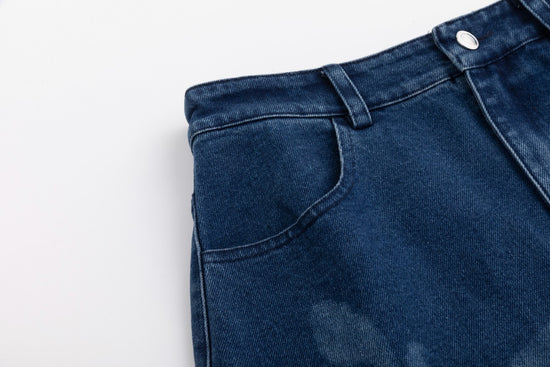 Acid Washed Flower Print Denim Skirt - Blue