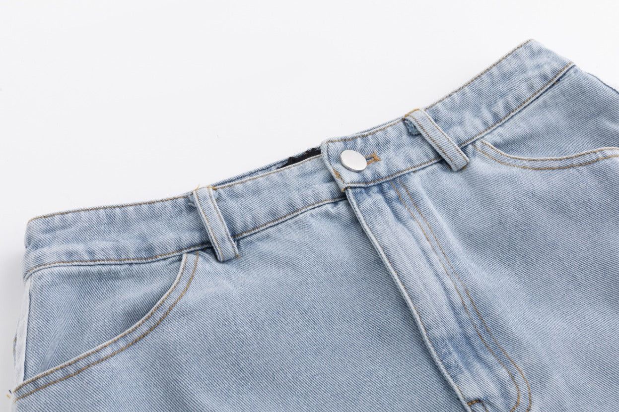 Denim Skirt With 2 Stripes Down The Side - Light Blue