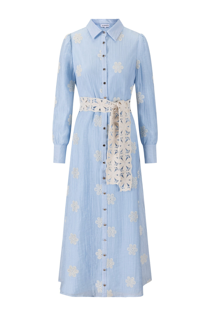 Blue Dress With Flower Eyelet And Crochet Belt
