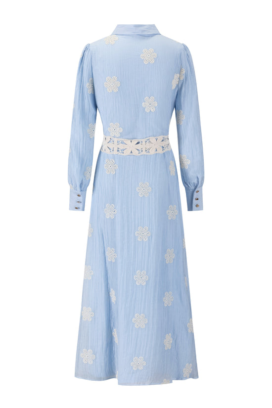 Blue Dress With Flower Eyelet And Crochet Belt